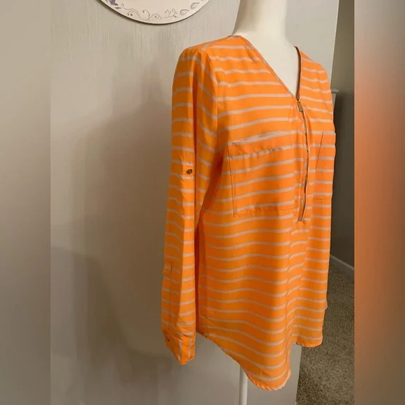 Calvin Klein Orange and Gray Striped V-Neck Top - Picture 3 of 7